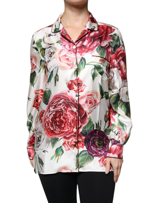 Dolce &amp; Gabbana Top in seta con colletto e maniche lunghe in peonia bianca