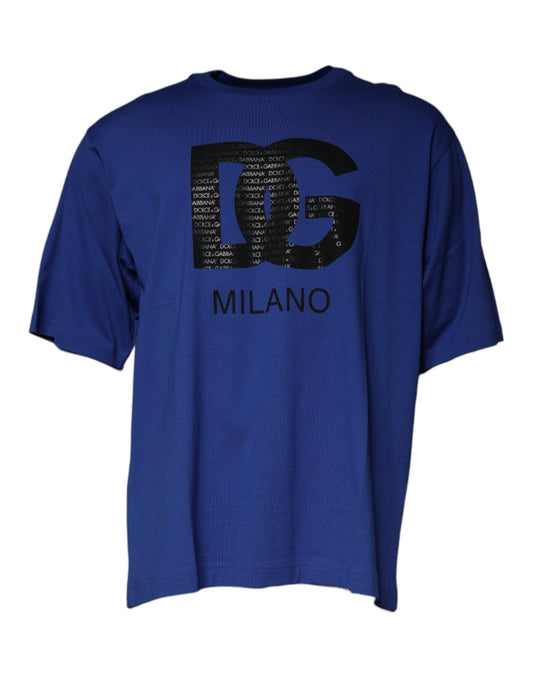 T-shirt girocollo da uomo in cotone con stampa logo blu Dolce &amp; Gabbana