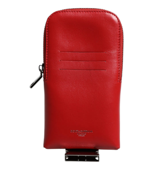 Tarjetero Dolce &amp; Gabbana de piel roja con logo y cremallera alrededor, cartera con correa ancha (copia)