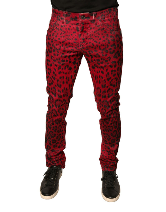 Jeans aderenti in denim elasticizzato di cotone con stampa leopardata rossa Dolce &amp; Gabbana