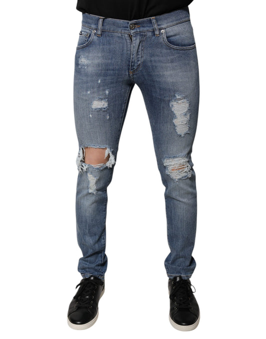 Vaqueros ajustados de mezclilla elástica de algodón azul desgastado de Dolce &amp; Gabbana