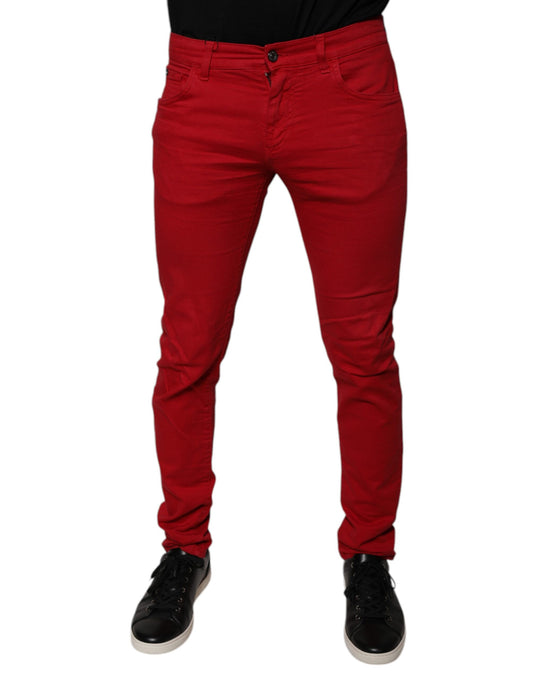 Jeans aderenti in denim di cotone con logo a corona rossa Dolce &amp; Gabbana