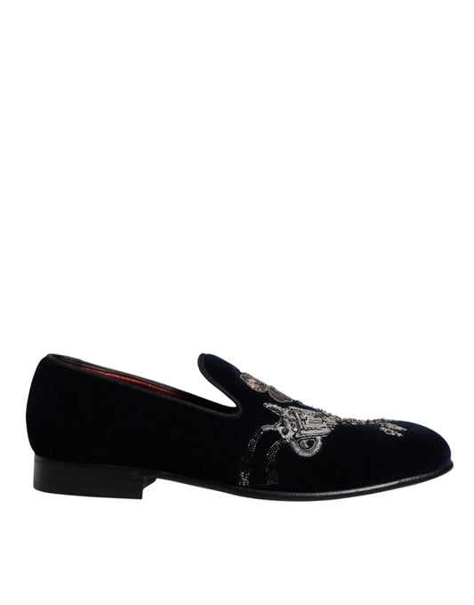 Mocassini eleganti Dolce &amp; Gabbana in velluto nero con stampa floreale