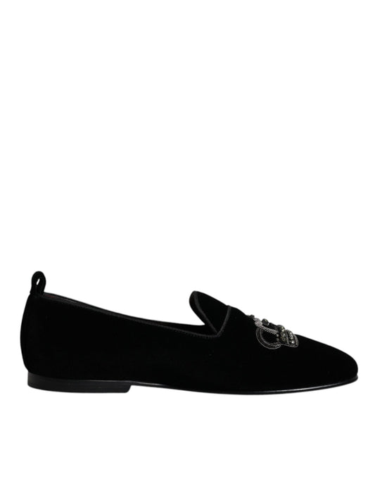 Mocasines de terciopelo negro con corona de cristal de Dolce &amp; Gabbana, zapatos de vestir formales