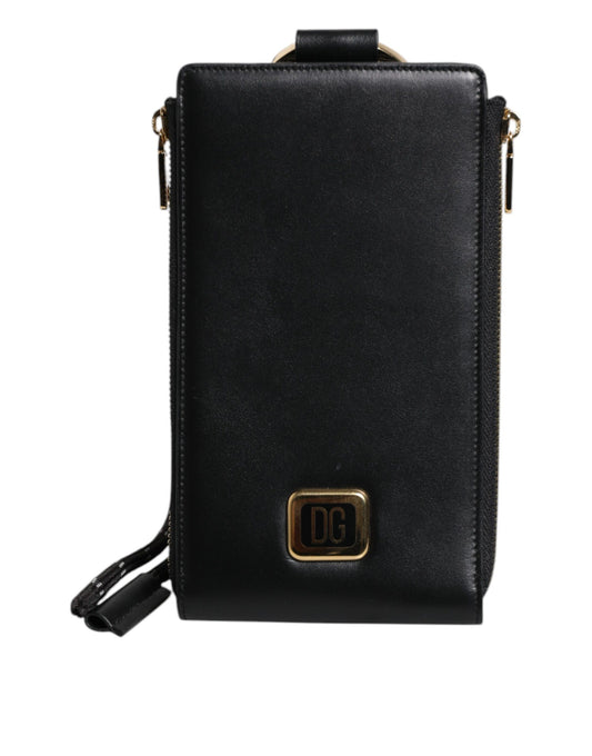 Portafoglio Dolce &amp; Gabbana in pelle nera con placca logo e tracolla