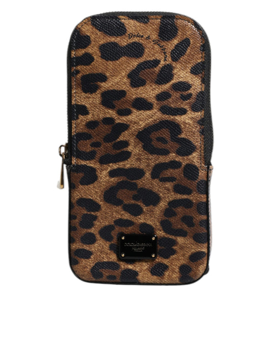 Cartera con cremallera alrededor de piel Dauphine con estampado de leopardo marrón de Dolce &amp; Gabbana