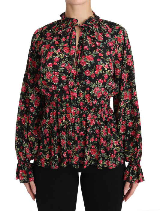 Camicia elegante in seta floreale nera Dolce &amp; Gabbana