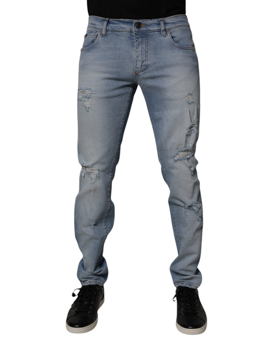 Jeans aderenti da uomo in cotone blu strappato di Dolce &amp; Gabbana