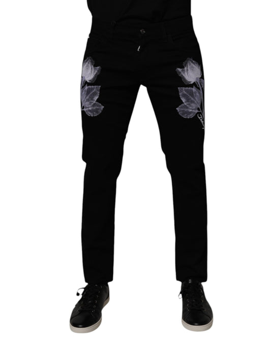 Vaqueros ajustados de algodón con estampado floral negro de Dolce &amp; Gabbana para hombre