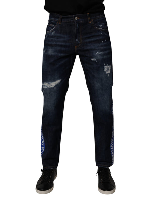 Jeans aderenti in denim strappato di cotone blu scuro Dolce &amp; Gabbana