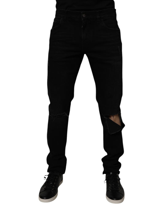 Vaqueros ajustados de algodón negro deshilachados de Dolce &amp; Gabbana para hombre