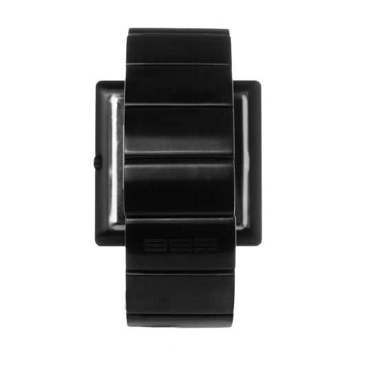 A black stainless steel watch with a square face and white numbers