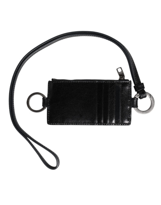 Cartera porta tarjetas con cordón y logo en relieve de Dolce &amp; Gabbana en cuero negro