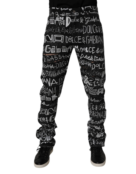 Jeans dritti in denim con stampa logo in cotone nero Dolce &amp; Gabbana