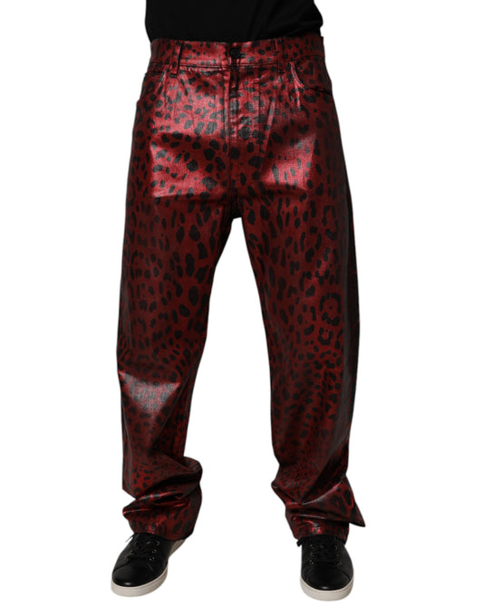 Jeans da uomo in denim dritto in cotone leopardato rosso Dolce &amp; Gabbana