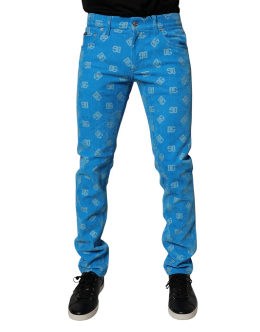 Jeans aderenti in denim di cotone con monogramma e logo blu Dolce &amp; Gabbana