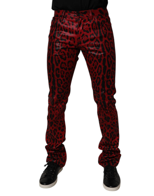 Jeans slim fit in denim di cotone con stampa leopardata rossa Dolce &amp; Gabbana
