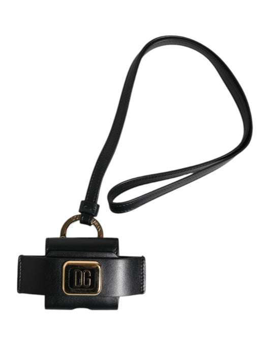Custodia per Airpods Dolce &amp; Gabbana con cinturino in pelle nera e placca con logo in metallo dorato