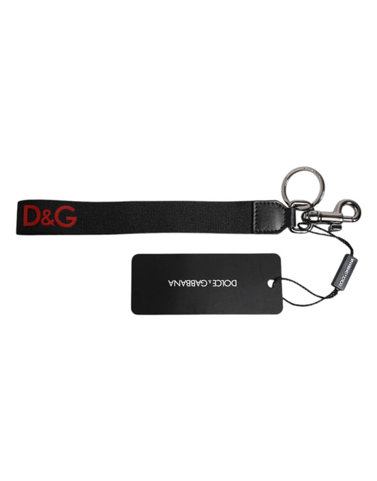 Portachiavi da uomo Dolce &amp; Gabbana in nylon e ottone argentato con logo nero