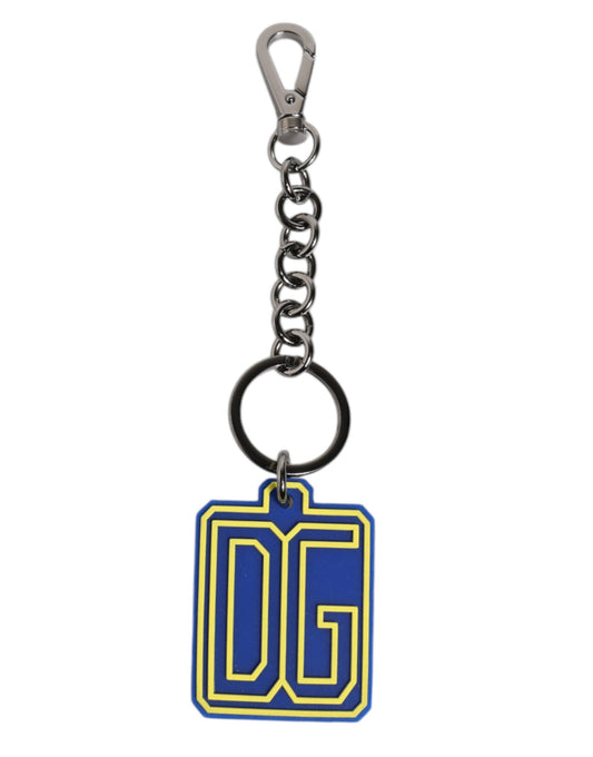 Portachiavi da uomo Dolce &amp; Gabbana con logo in gomma DG blu e giallo, argento