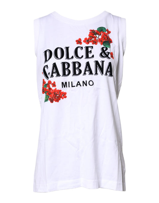 T-shirt senza maniche in cotone con stampa floreale bianca Dolce &amp; Gabbana