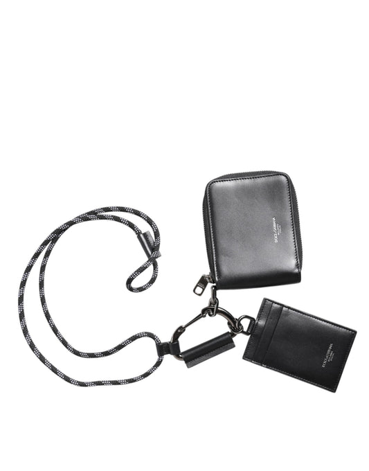 Portafoglio porta carte con cerniera e cordino in pelle nera Dolce &amp; Gabbana