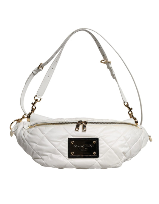 Dolce & Gabbana White Quilted Logo Plaque Belt Waist Fanny Pack Bag