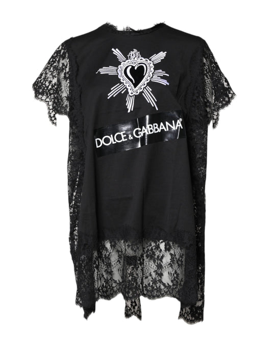 Top de cuello redondo con encaje negro transparente y diseño de corazón sagrado de Dolce &amp; Gabbana