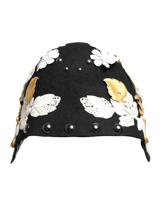 Cappello a cloche Dolce &amp; Gabbana in lana nera, bianco e con motivo floreale in foglia d'oro