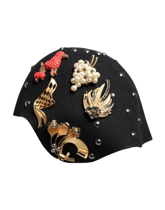 Cappello a cloche Dolce &amp; Gabbana in lana nera con decorazioni multicolor
