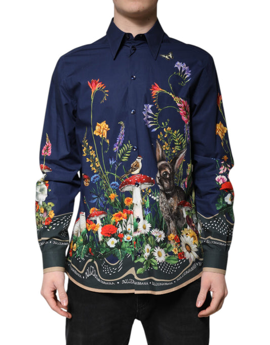 Camicia a maniche lunghe con stampa coniglio blu Dolce &amp; Gabbana