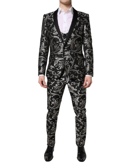Abito da uomo Dolce &amp; Gabbana Martini in jacquard nero e grigio, 3 pezzi