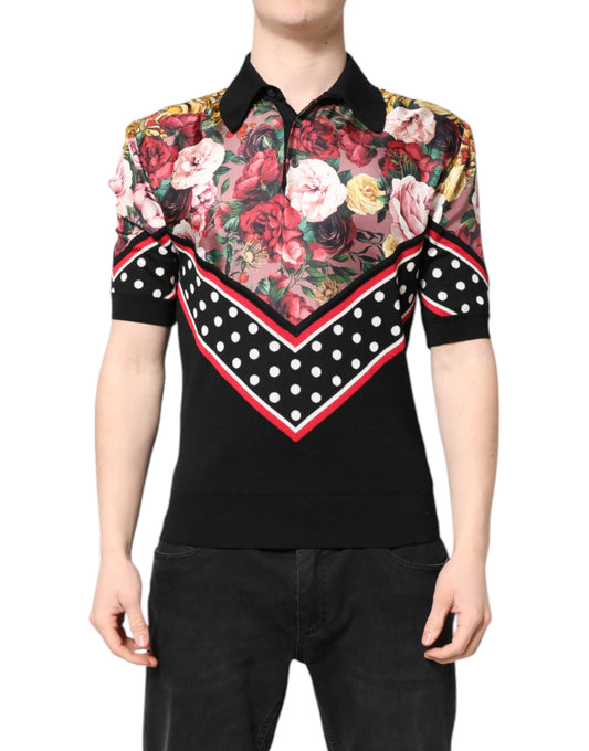 Camiseta de manga corta con cuello floral negra de Dolce &amp; Gabbana