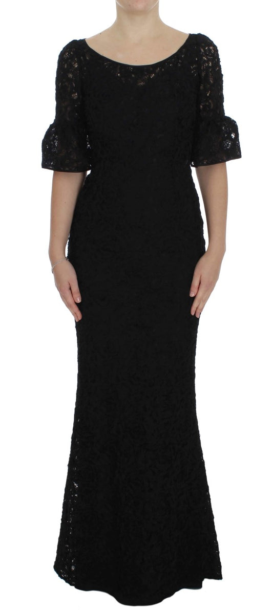 Dolce &amp; Gabbana Elegante Abito Lungo in Pizzo Floreale Nero