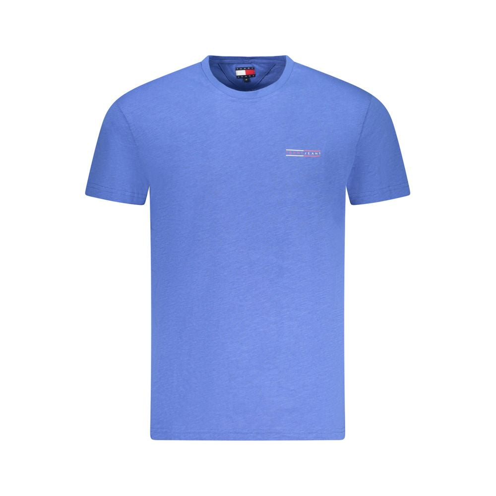 Blue short sleeve t-shirt with a small logo on the left chest area