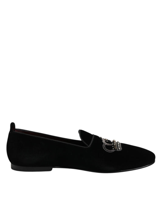 Mocasines de vestir con corona de cristal y terciopelo negro de Dolce &amp; Gabbana