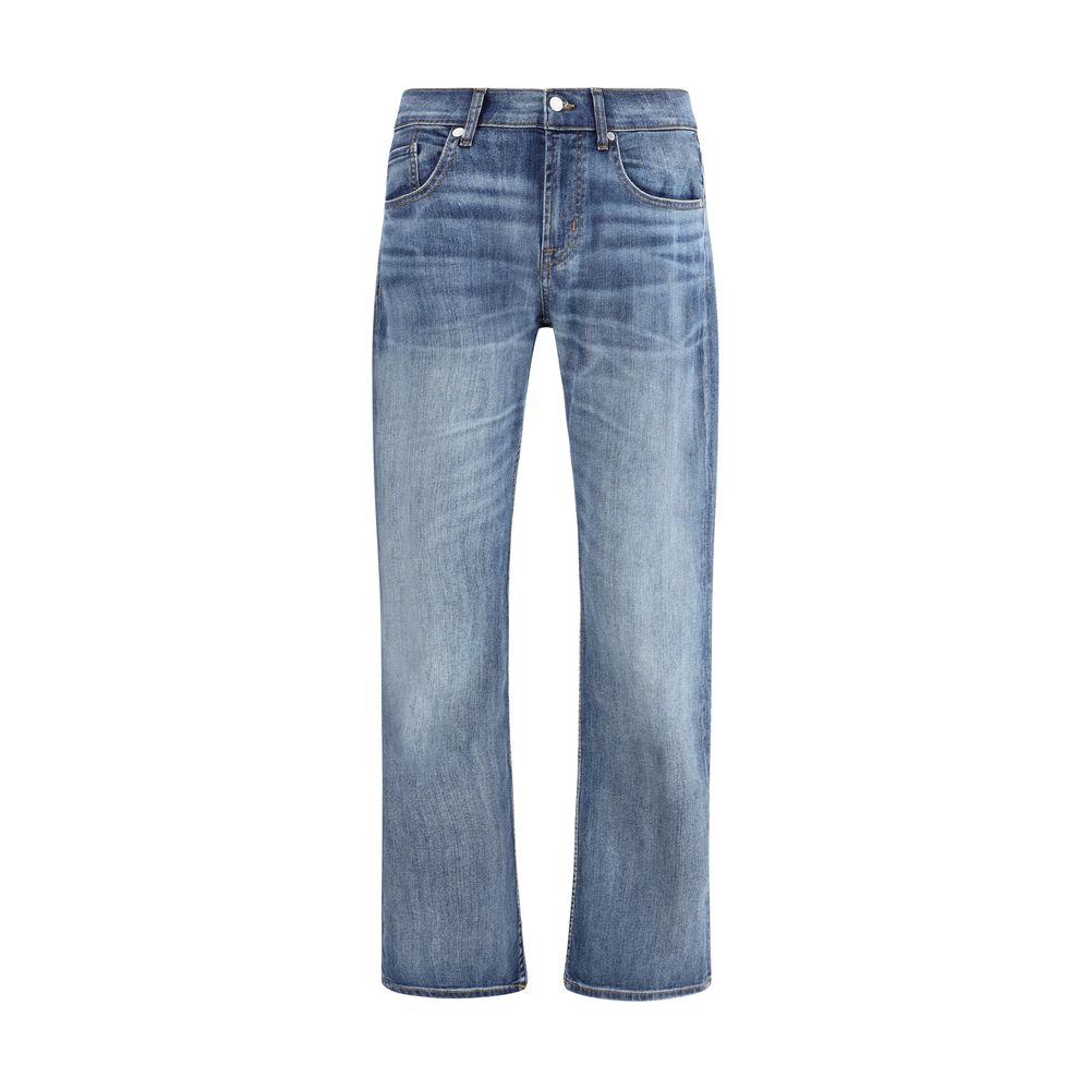 Blue cotton straight-leg jeans with dark wash and subtle fading.