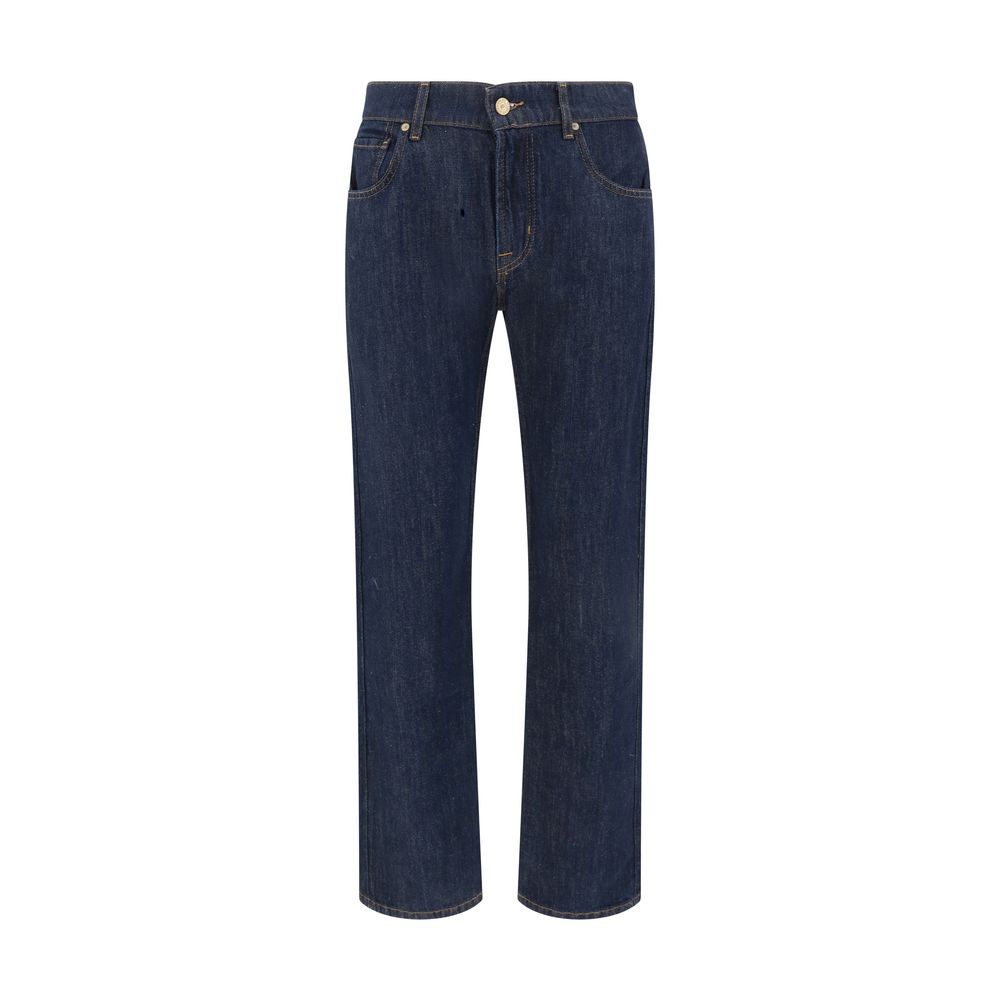 Close-up of blue cotton straight-leg jeans with a relaxed fit and classic design.