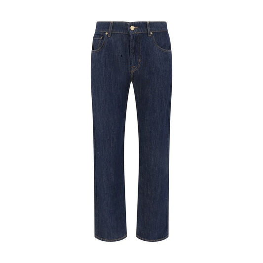 Close-up of blue cotton straight-leg jeans with a relaxed fit and classic design.