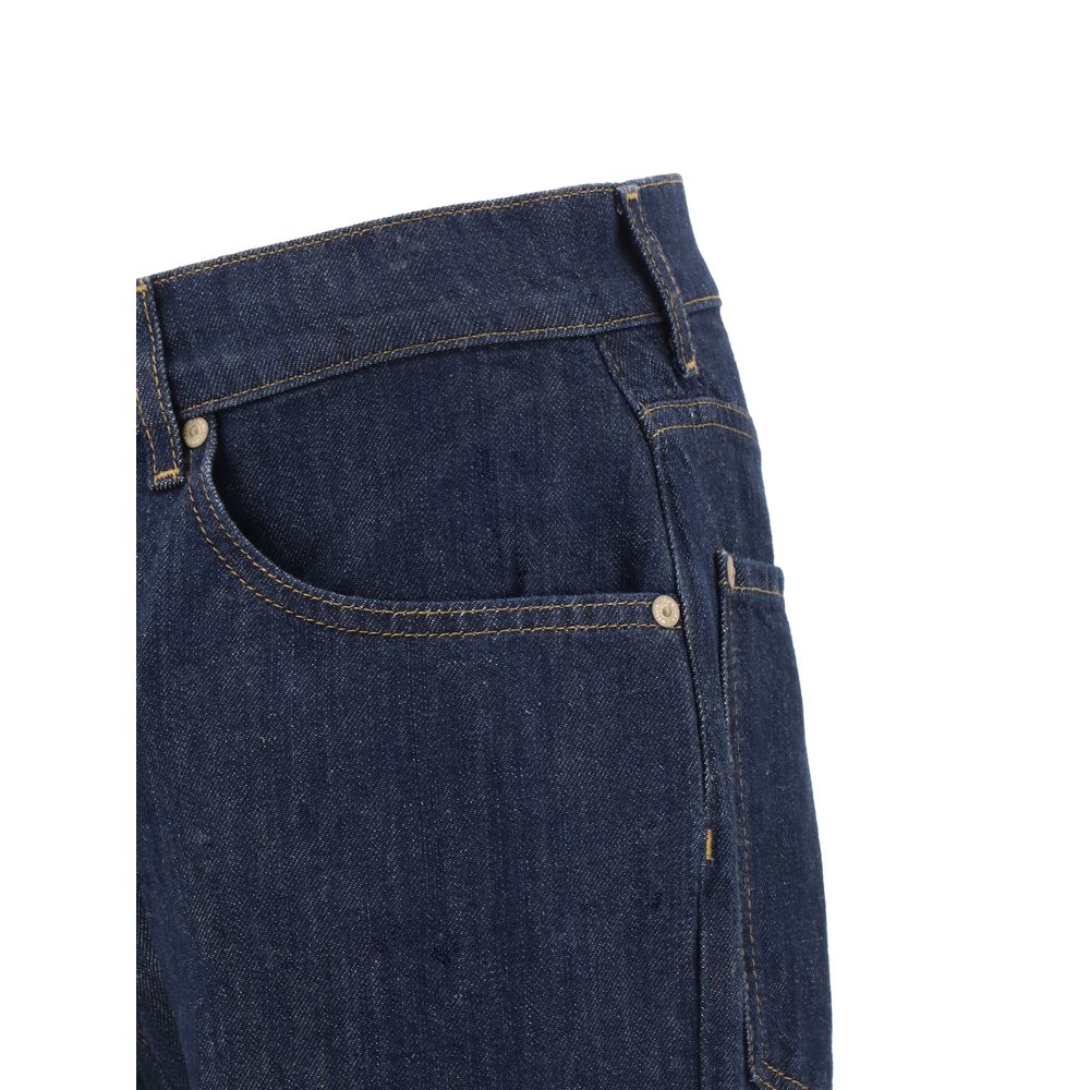 Close-up of blue cotton straight-leg jeans with a relaxed fit and classic design.