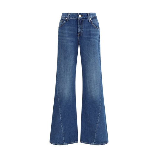 Pair of dark blue jeans with flared legs and five-pocket design