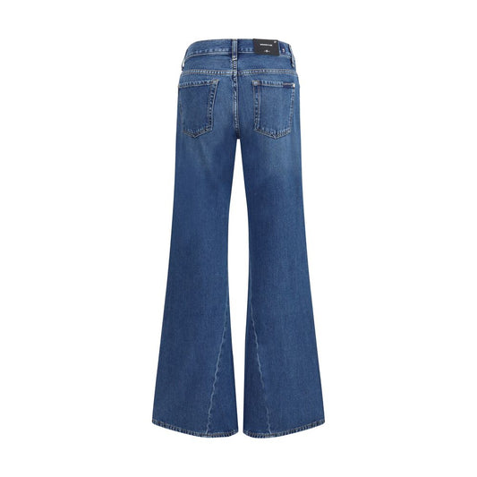 Pair of dark blue jeans with flared legs and five-pocket design