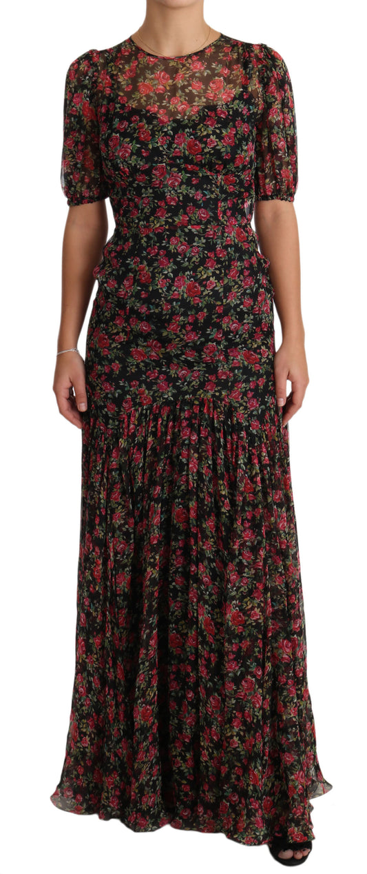 Dolce &amp; Gabbana Elegante abito a trapezio in seta nera con stampa floreale