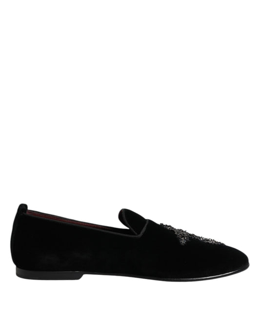 Dolce & Gabbana Black Velvet Embellished Loafer Slip On Shoes