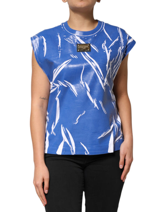 Camiseta sin mangas Dolce &amp; Gabbana de algodón azul y blanco con placa del logotipo para mujer