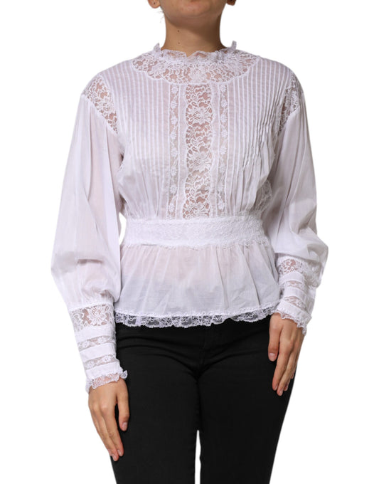 Top de manga larga con encaje floral de algodón blanco de Dolce &amp; Gabbana