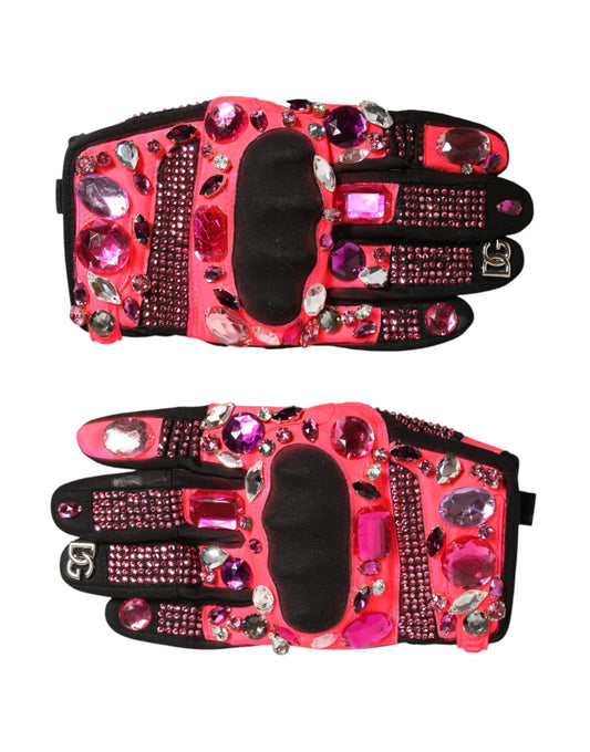 Dolce & Gabbana Black Pink Crystal Wrist Length Mitten Gloves