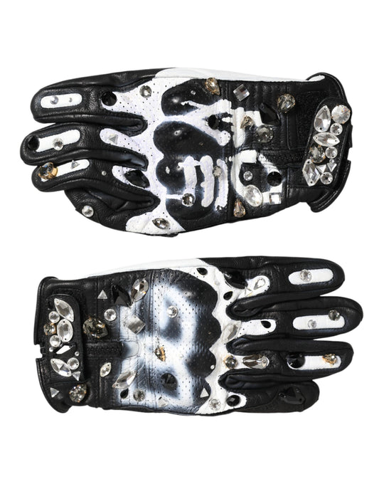 Dolce & Gabbana Gloves Black White Crystal Wrist Length Mitten  Gloves