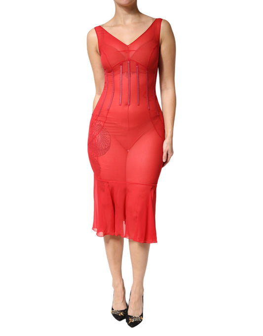 Dolce & Gabbana Red Silk Sleeveless Sheath V-neck Midi Dress