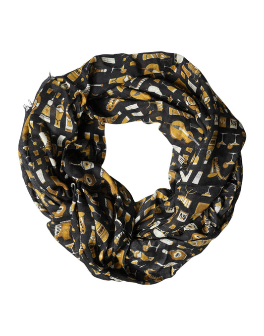 Dolce & Gabbana Black Jazz Club Print Neck Wrap Shawl Scarf